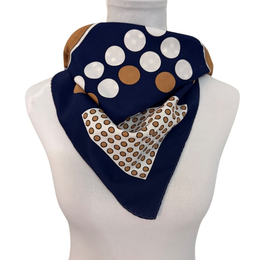 Geometric Mod Neck Scarf VTG MCM Square Polka Dot Blue Tan Fashion Accessory